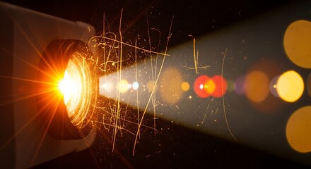 A bright projector light shining with lens flare and dust particles in a dark room setting indoors