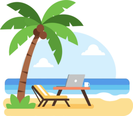 Digital Nomad Working Remotely on Tropical Beach with Laptop, Palm Tree, and Ocean