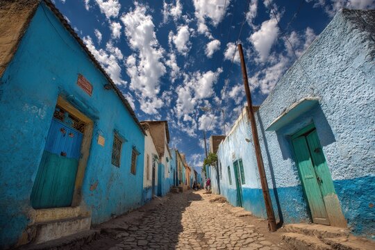Charming Narrow Alleyway in Historic Harar, Ethiopia: A UNESCO Heritage Site with Blue Skies and Scenic Clouds