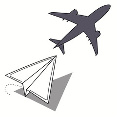 Paper airplane and airplane concept of different sizes, in the sky 