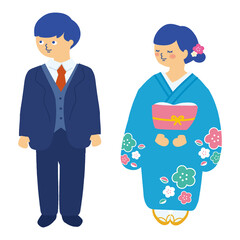 着物の女性とスーツの男性