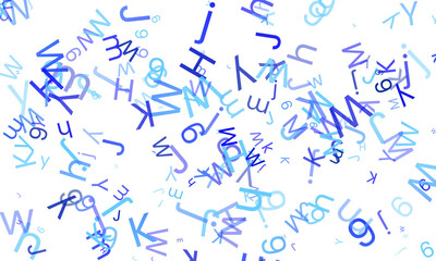 Scattered blue alphabet letters floating in the air, isolated on transparent background