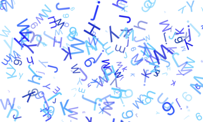 Scattered blue alphabet letters floating in the air, isolated on transparent background