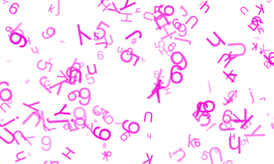 Scattered pink alphabet letters and numbers floating on a transparent background, creating a vibrant and abstract composition