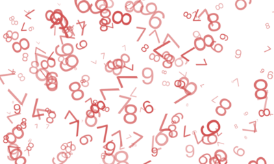 Scattered red numbers floating in the air, isolated on transparent background