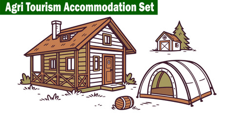 Agri Tourism Accommodation Set Illustration. Farm Stay Lodging Countryside Vacation. Rural Holiday Elements Village, Travel Design Agricultural, Hut Comfortable Living Vector.