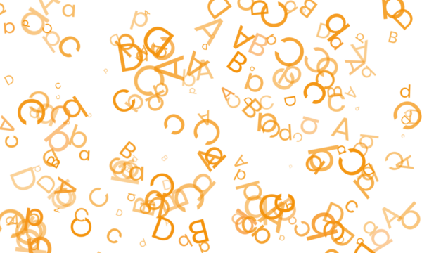Scattered orange alphabet letters and symbols floating on a transparent background, creating a warm and abstract composition