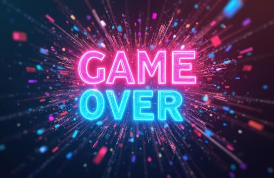Digital explosion displays Game Over text in vibrant particles, neon lights. Graphic signifies end of gaming session with intense energy, futuristic design. Represents competition victory defeat.