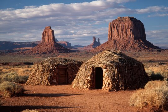 Cultural Heritage: Indigenous Hogan Structures Amidst Monument Valley's Scenic Skies