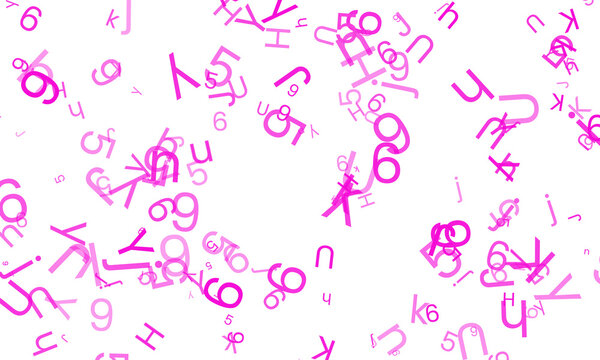 Scattered pink alphabet letters and numbers floating on a transparent background, creating a vibrant and abstract composition