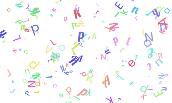 Scattered colorful alphabet letters floating in the air, isolated on transparent background