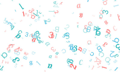 A whimsical mix of numbers and letters in soft blue and pink hues, floating against a white backdrop, suggesting a playful approach to literacy and numeracy isolated on transparent background