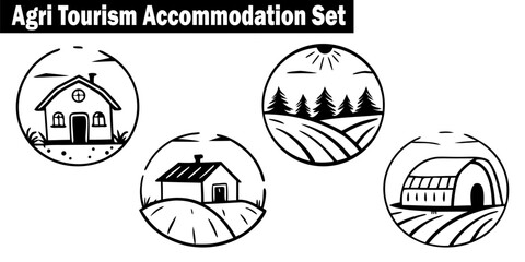 Agri Tourism Accommodation Set. Farmhouse Scenery Destination Rustic Agriculture Eco Village Cabin Tourism Cottage Countryside Agro House Outdoors Circle Icon Vector.