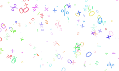 A playful assortment of mathematical symbols, including plus, minus, multiplication, division, and percentage signs, scattered on a transparent background