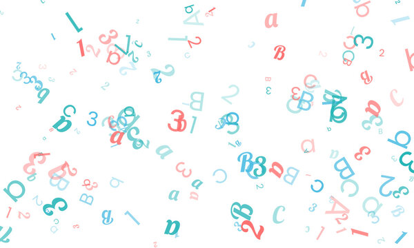 A whimsical mix of numbers and letters in soft blue and pink hues, floating against a white backdrop, suggesting a playful approach to literacy and numeracy isolated on transparent background