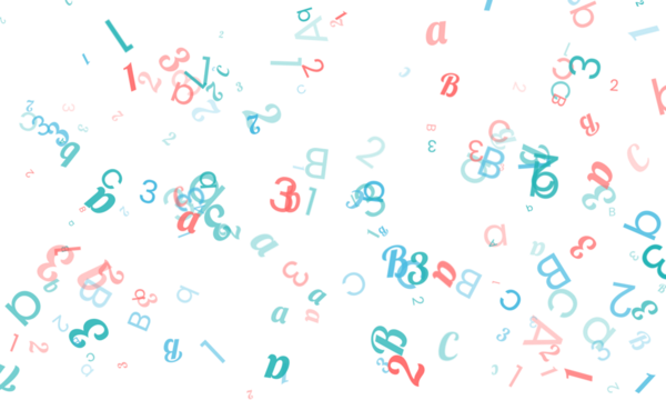 A whimsical mix of numbers and letters in soft blue and pink hues, floating against a white backdrop, suggesting a playful approach to literacy and numeracy isolated on transparent background