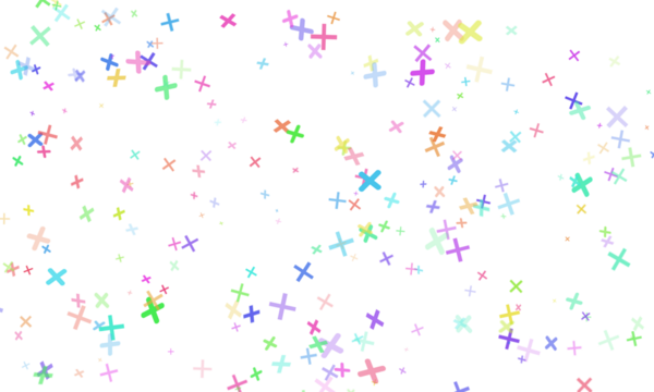 A festive and cheerful scattering of colorful x marks and crosses in various pastel hues, floating on a transparent background, ideal for celebration or marking