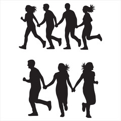 Silhouette of people running and holding hands set and bundle silhouette art vector design