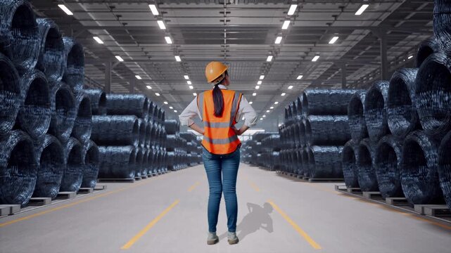 Full Body Back View Of A Female Engineer Wearing Safety Helmet Looking Around While Standing With Arms Akimbo with Stacks of Huge Metal Wire Coils in Warehouse