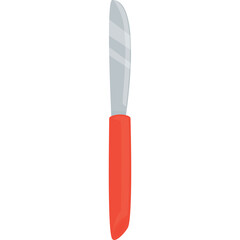 A sharp silver utility knife with a bright red handle isolated on a transparent background representing a tool for cutting and precision.