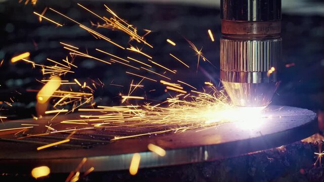 CNC Laser Machine Cutting Metal Sheet With Bright Sparks. Advanced Industrial Equipment, Automation Smart Factory Technology, Precision Engineering And Modern Production Solutions For Manufacturing 4k