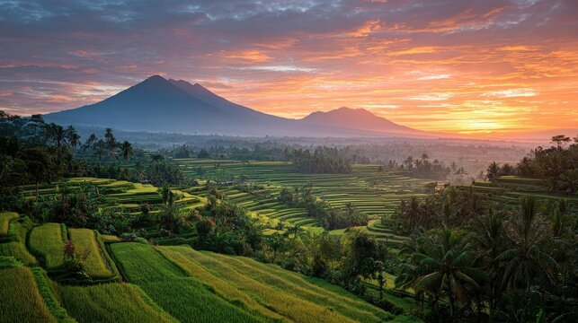 Enchanting Sunrise Over Jatiluwih Rice Fields Framed by Majestic Mount Batukaru and Agung in Tabanan, Bali, Indonesia