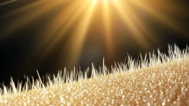Sunlight Rays Shining On Dew Covered Hair Standing On Skin Surface. Nature Sensation Concept