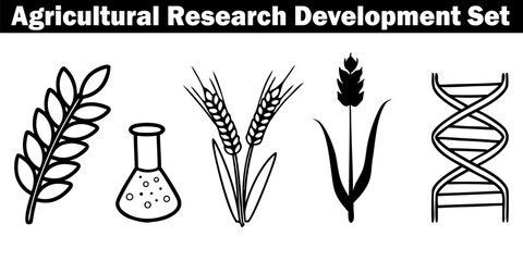 Agricultural Research and Development Set Illustration. Vector pictograms in a Plant, Flask, Wheat, Ear, and DNA Helix in Black and White Line Art Style on Transparent Background.
