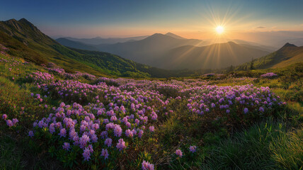 Vibrant purple wildflowers carpet a mountainside at sunrise, golden light