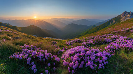 Golden sunrise illuminates a mountain valley with blooming purple flowers
