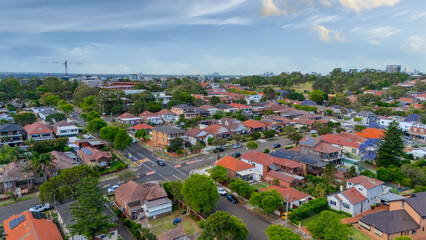 Panorama Sunset  aerial drone view of western Sydney Suburbs of Canterbury Burwood Ashfield...