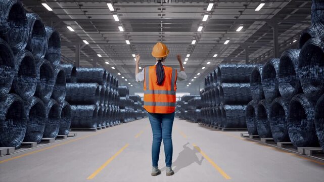 Full Body Back View Of A Female Engineer With Safety Helmet Raising Her Hands Celebrating While Working with Stacks of Huge Metal Wire Coils in Warehouse