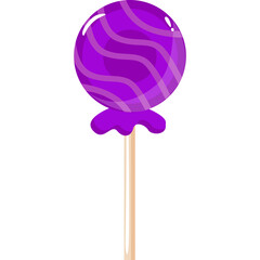 A Round Purple Swirl Lollipop on a White Background with a Simple Wooden Stick and Ruffled Paper Wrapper
