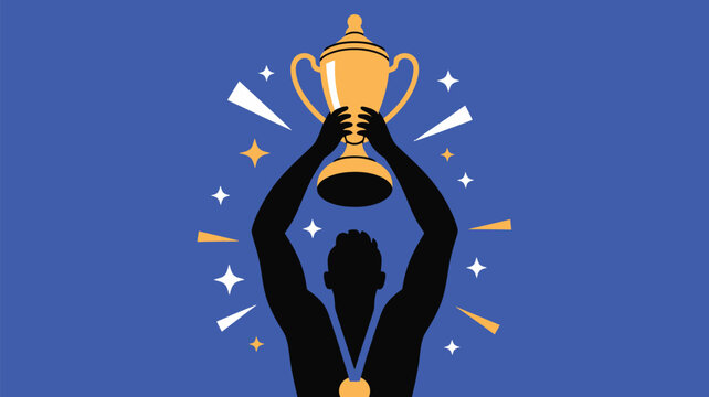 A silhouette of a person holding a golden trophy above their head with stars and medal around them