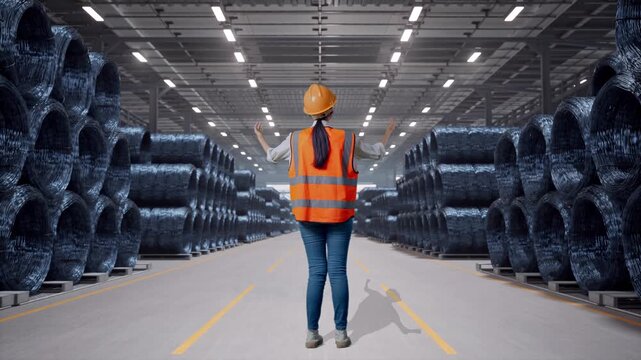 Full Body Back View Of A Female Engineer With Safety Helmet Spreading Arms While Standing with Stacks of Huge Metal Wire Coils in Warehouse
