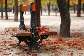 Otoño en un banco del parque repleto de hojas caídas naranjas y amarillas y troncos de árboles en tierra