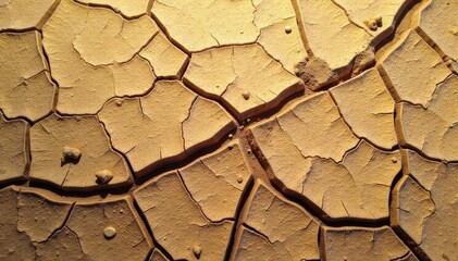 Cracked and aged earth, a dry, barren landscape in rich brown hues, showing organic texture and desiccation. Close up, overhead shot of dry, cracked earth with a rich brown color. The texture is