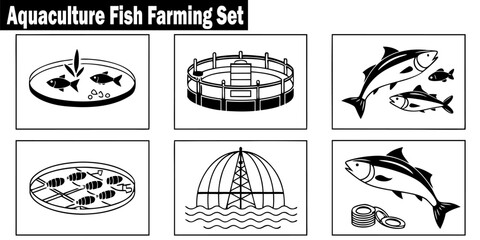 Aquaculture Fish Farming Set Vector Illustration. Vector pictograms in Fishing Industry, Aquatic Resources Management, Sustainable Seafood Production, Aquaculture Ecosystem, Marine Biology, Hatchery