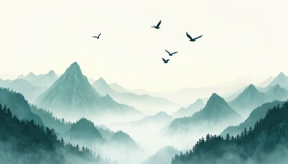 Serene mountain vista shrouded in misty fog. Jagged peaks rise through a pale sky dotted with soaring birds. Tranquil landscape evokes peace and vastness, ideal for nature themes or travel promotion.