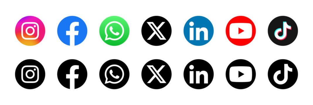 Instagram, Facebook, WhatsApp, LinkedIn, TikTok, YouTube, X icon png. High resolution round vector buttons. social media network logo buttons