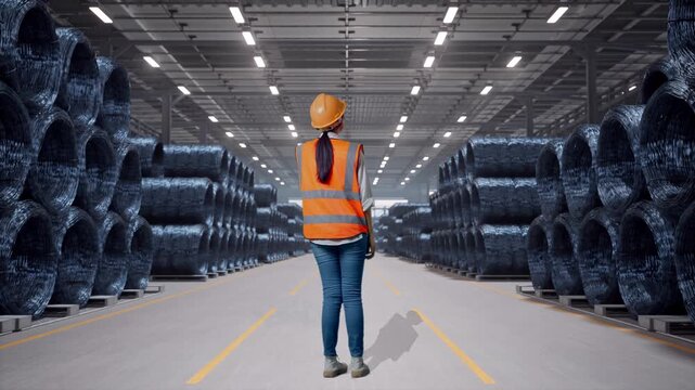 Full Body Back View Of Asian Female Engineer With Safety Helmet Talking On Smartphone While Standing with Stacks of Huge Metal Wire Coils in Warehouse