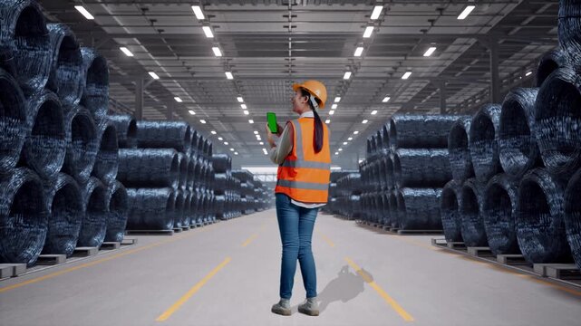 Full Body Back View Of Asian Female Engineer With Safety Helmet Working On A Green Screen Smartphone And Looking Around with Stacks of Huge Metal Wire Coils in Warehouse