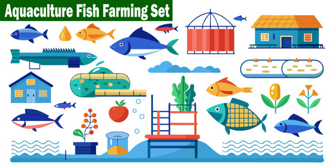Naklejka premium Aquaculture Fish Farming Set Vector Illustration. Vector pictogram of a Pond, Harvest, Sea Animal, Tank, Lake, Farm, Livestock, Nature, Industry, Fishing, Agriculture, Seafood.