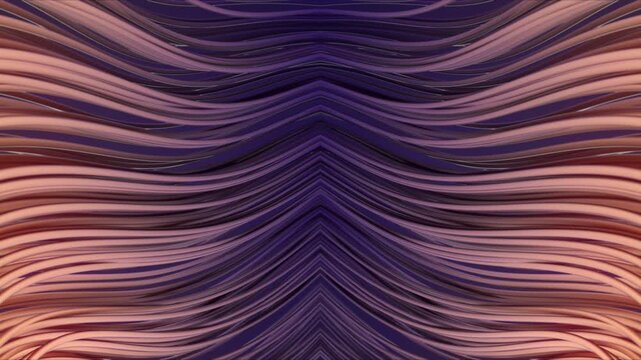Smooth 4K animation of the symmetrical appearance of a complex pattern of three-dimensional lines. Shapes painted in peach and copper tones form an organic structure. 3d rendering
