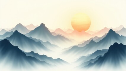 Fototapeta premium Serene misty mountain landscape painting in traditional chinese ink style with sunrise glow