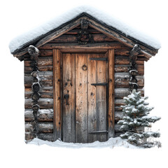 Snowy wooden cabin door on transparent background