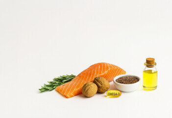 Sources of Omega-3 fatty acids — salmon, walnuts, flax seeds, oil, and capsule. Healthy food for heart, brain, and immunity on a white background.