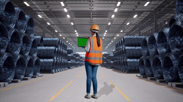 Full Body Back View Of Asian Female Engineer With Safety Helmet Working A Green Screen Laptop with Stacks of Huge Metal Wire Coils in Warehouse