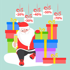Christmas and New Year sale. Cute Santa Claus with a glass of wine. Discounts. Gifts. Holiday vector card.