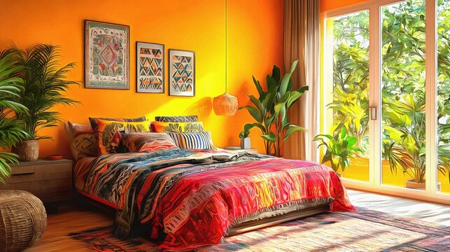 Fusion style bedroom merging minimalist design with vibrant Mexican patterns featuring bold colors and clean-lined furniture interior
